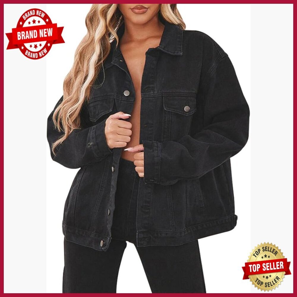 Distressed Denim Jacket Women's Oversized Trucker Coat Long Sleeve